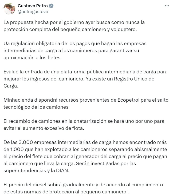 De esta forma, el Presidente Gustavo Petro se refirió a las propuestas que desde el gobierno nacional se han presentado para lidiar con el paro Camionero - crédito captura de pantalla X