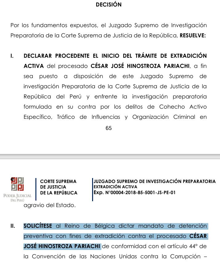 Resolución que aprueba solicitar la detención con fines de extradición de César Hinostroza