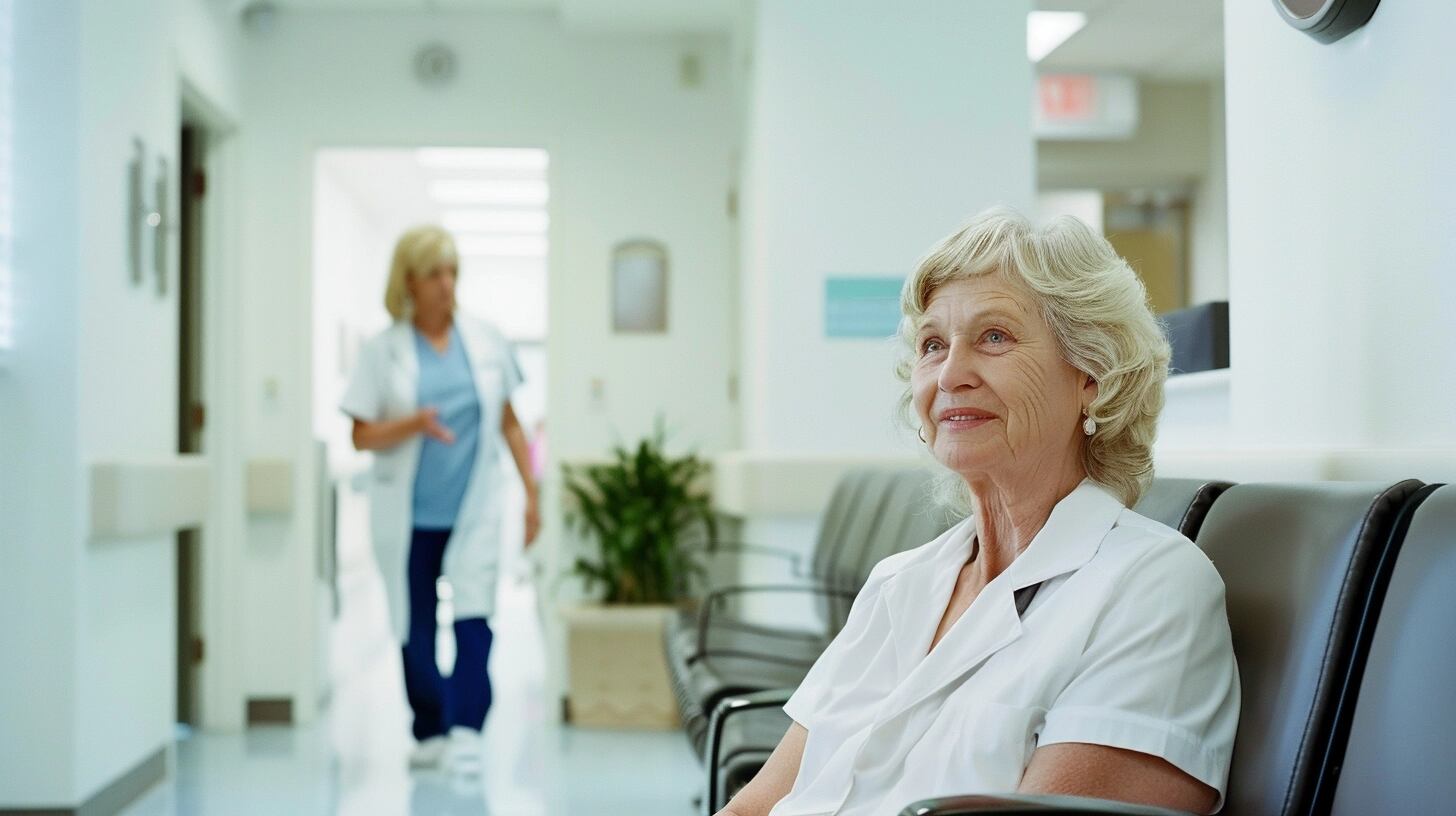 Mujer anciana esperando consulta en consultorio médico de un hospital público. Rodeada de sillas vacías, la imagen refleja la paciencia y la necesidad de cuidados médicos en la vejez. Palabras clave: mujer anciana, cuidados médicos, vejez, sillas vacías, consultorio médico, hospital público, paciente, turno, entorno médico, salud. (Imagen ilustrativa Infobae)