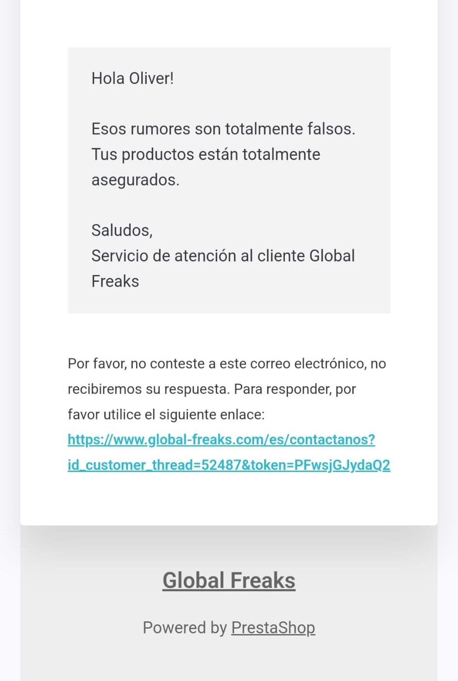 Repuesta de Global Freak a un cliente sobre sus figuras