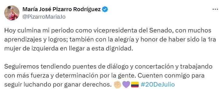 La senadora resaltó su papel de primera vicepresidenta del Senado y auguró éxitos al nuevo presidente del Congreso - crédito @PizarroMariaJo/X