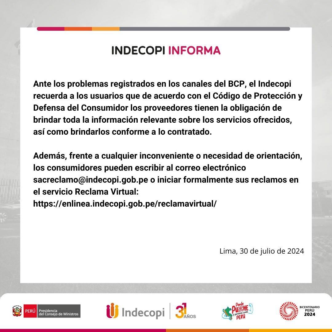 Indecopi se pronuncia sobre la caída del sistema del BCP