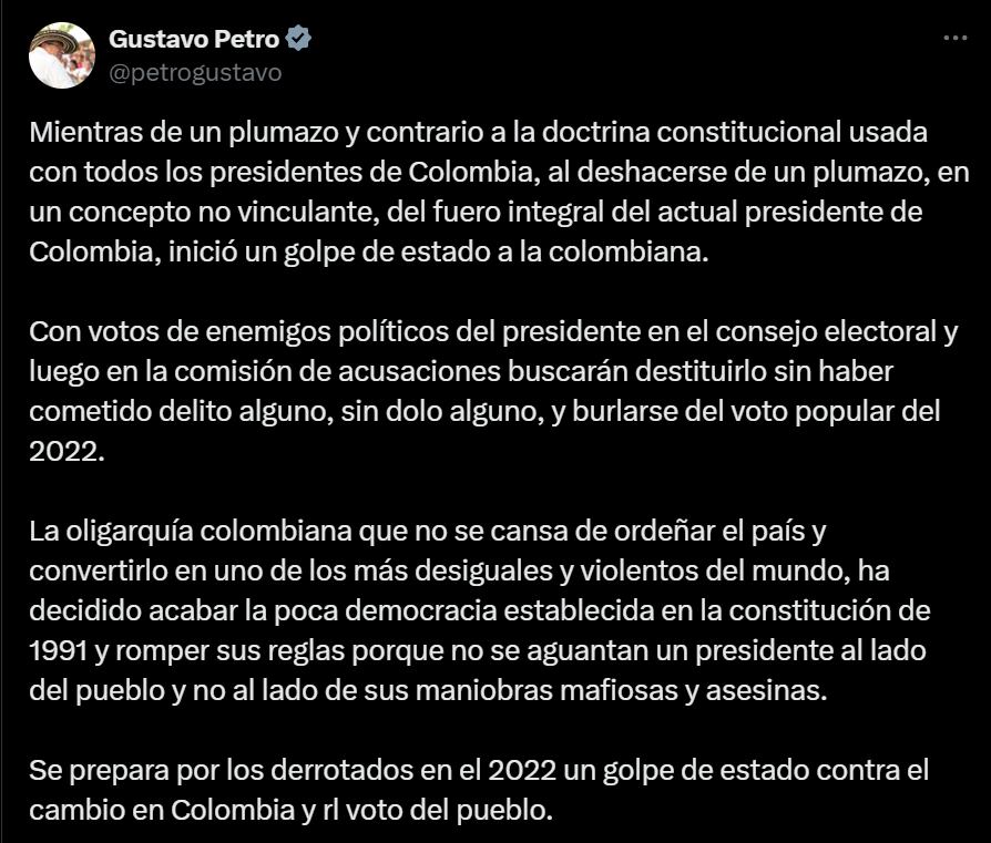 Gustavo Petro insistió en que se está orquestado un golpe de Estado en su contra - crédito red social X