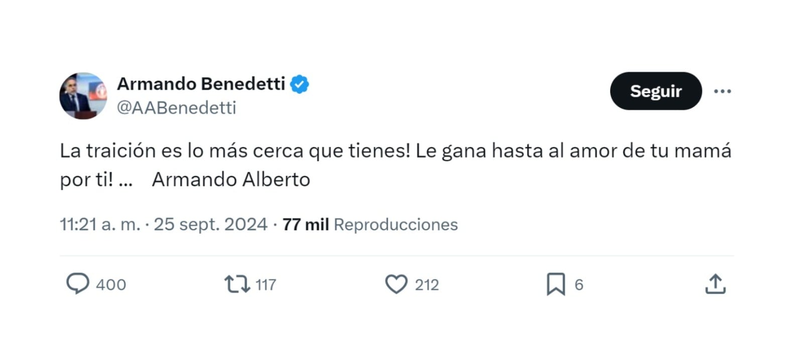 Armando Benedetti y el mensaje que generó revuelo en redes sociales