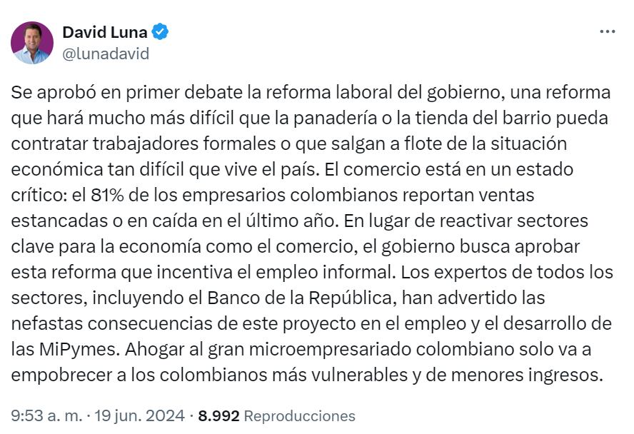 El senador aseguró que la reforma ahoga a los pequeños y medianos empresarios del país - crédito red social X