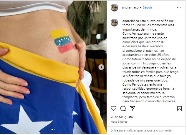 Andreína Solórzano compartió imagen de su embarazo con la bandera de Venezuela - crédito @andreinaco/Instagram