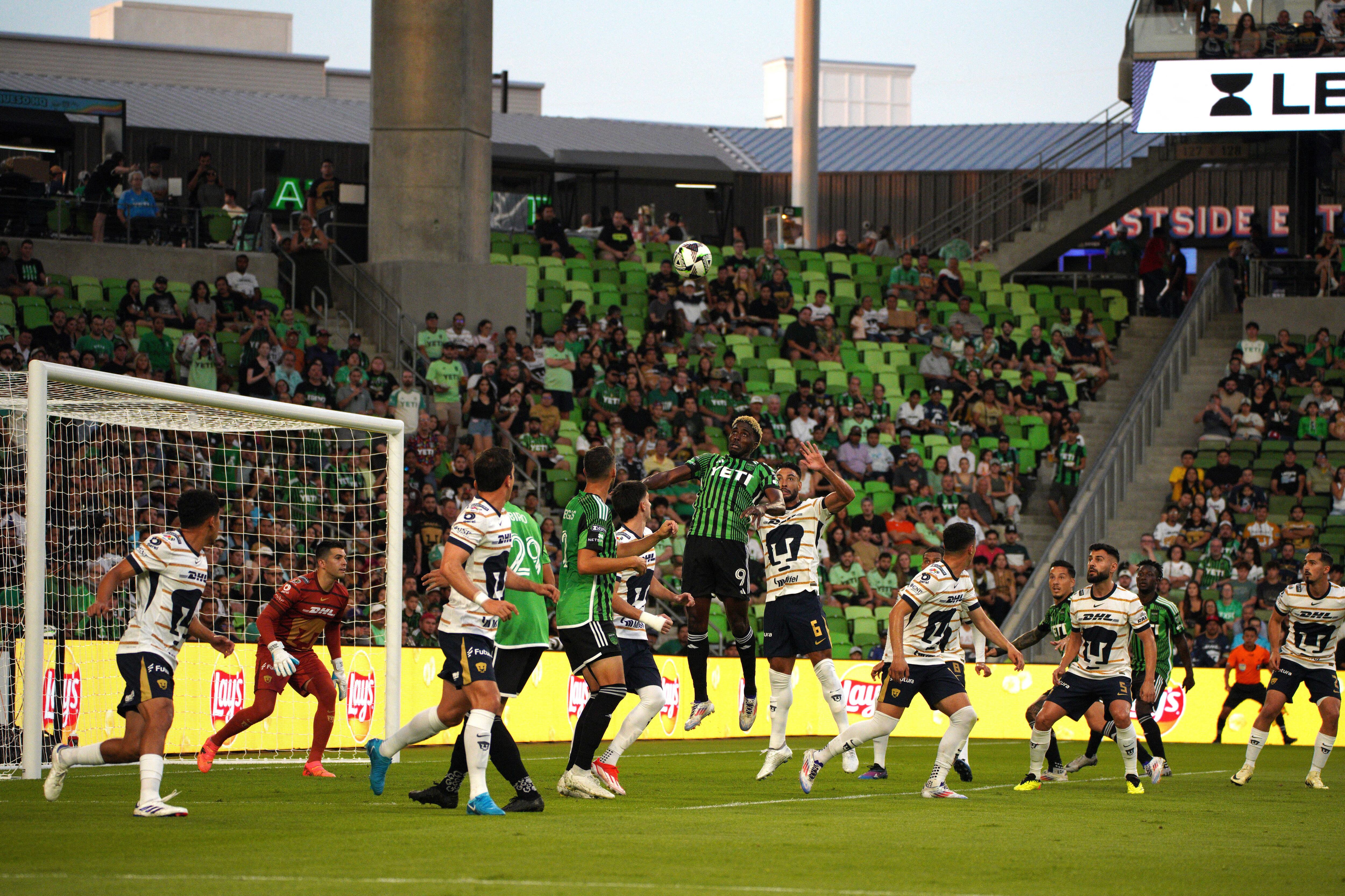 Jul 26, 2024; Austin, Texas, USA;  Austin FC forward Gyasi Zardes (9) heads the ball near Pumas UNAM defender Nathan Silva (6) during the first half at Q2 Stadium. Mandatory Credit: Dustin Safranek-USA TODAY Sports