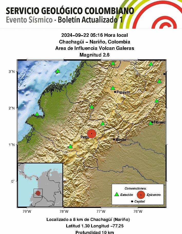 Evento Sísmico - Boletín Actualizado 1, 2024-09-22, 05:16 hora local Magnitud 2.6, Profundidad 10 km, Chachagüí - Nariño, Colombia