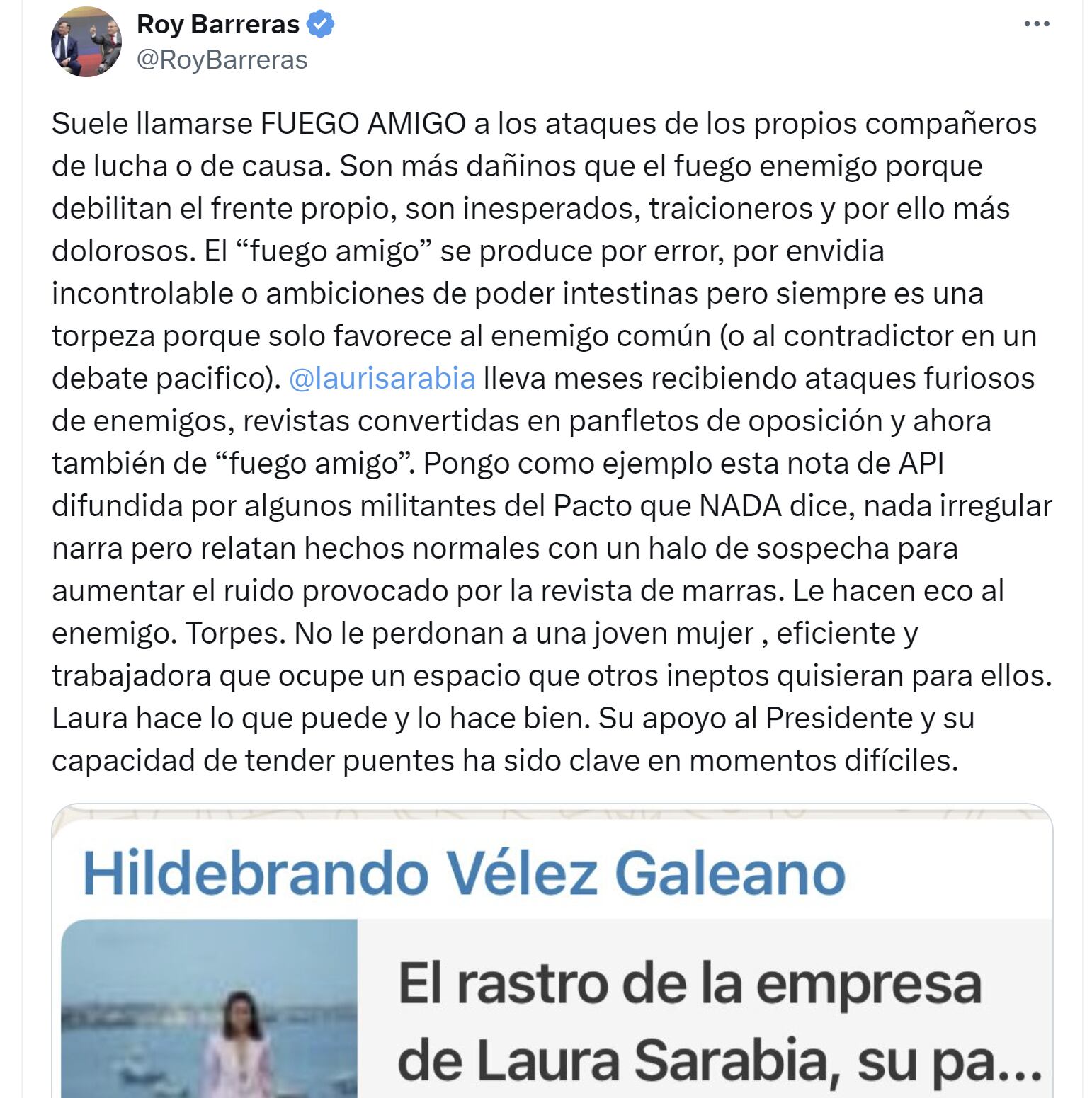 Roy Barreras respaldó a Laura Sarabia tras cuestionamientos por las actividades de su hermano