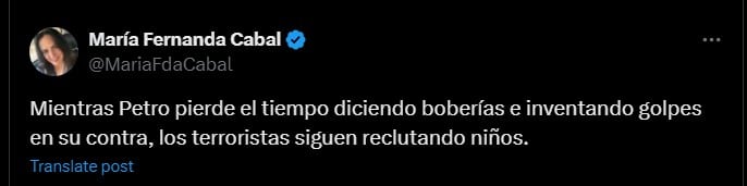 La senadora María Fernanda Cabal le dijo a Petro que no pensara en "boberías" y que le prestara atención al reclutamiento de menores por los grupos armados ilegales - crédito @MariaFdaCabal/X