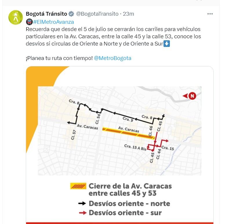 Bogotá Tránsito  informa de cierre de carriles en la avenida Caracas - crédito @BogotaTransito