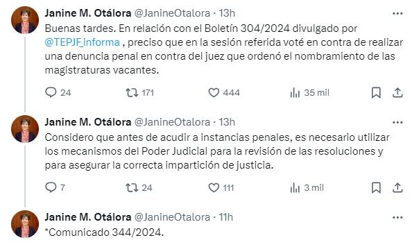 La magistrada electoral se deslindó de la denuncia contra juez