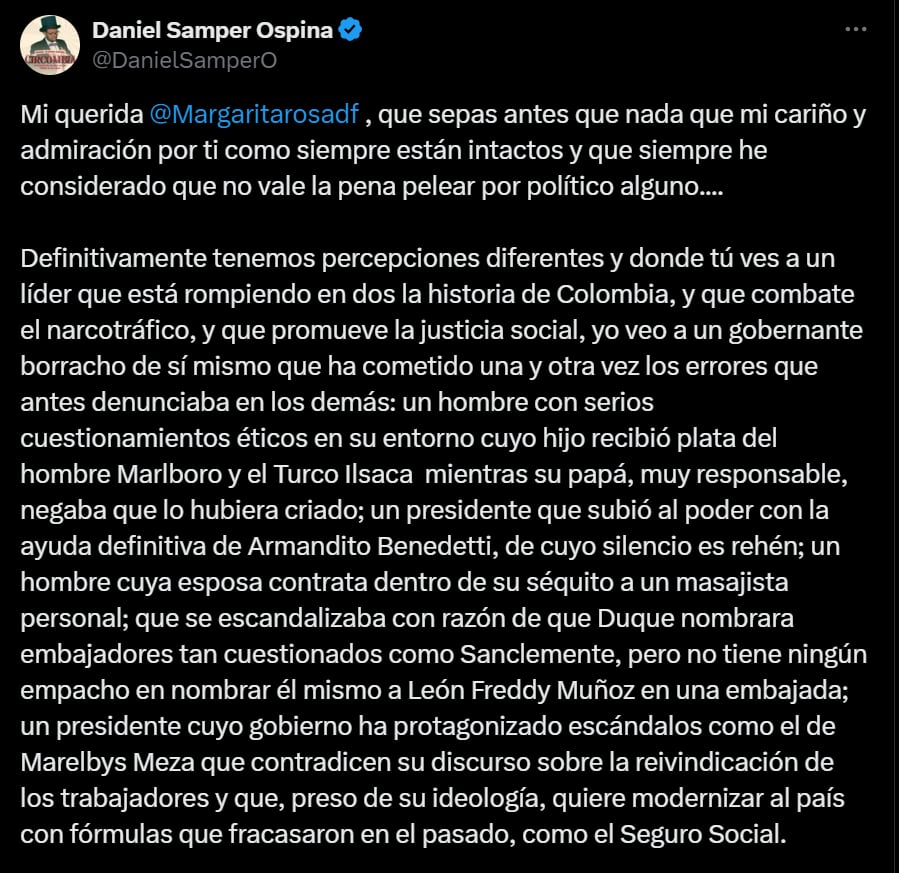 El escritor y columnista le enumeró todos los escándalos en los que se ha visto envuelto el presidente Gustavo Petro - crédito red social X