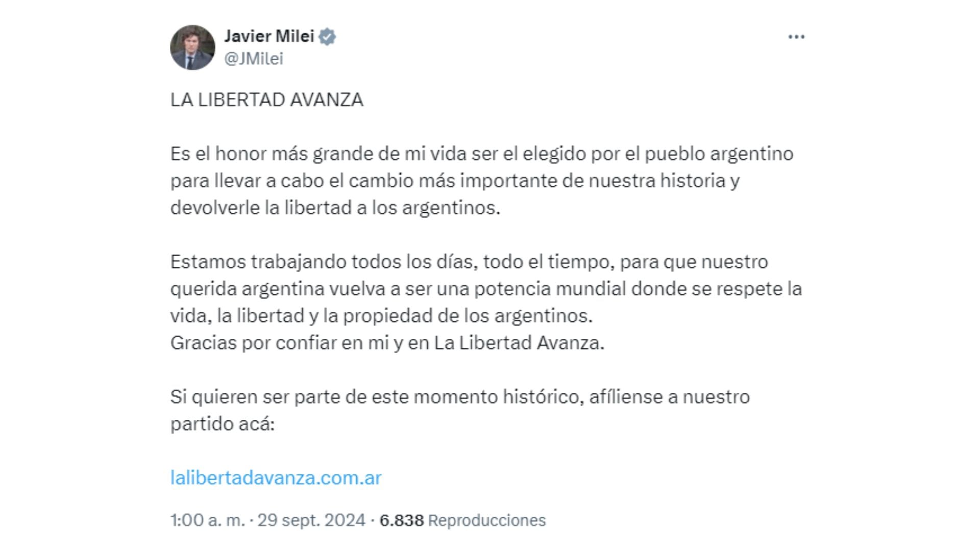 La publicación de Javier Milei después de haber presentado a La Libertad Avanza como partido nacional