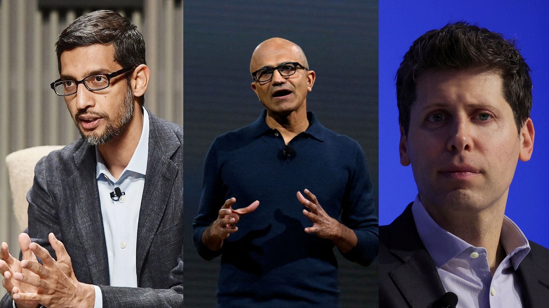 Sundar Pichai, Satya Nadella. y Sam Altman, dirigen las empresas más importantes en tecnología. (Fotocomposición Infobae)