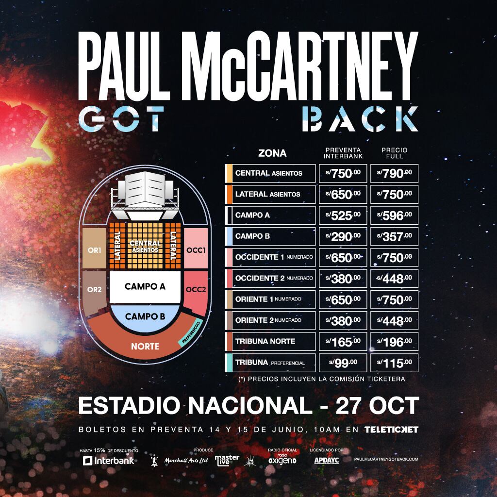 Precio de entradas para concierto de Paul McCartney en Lima.