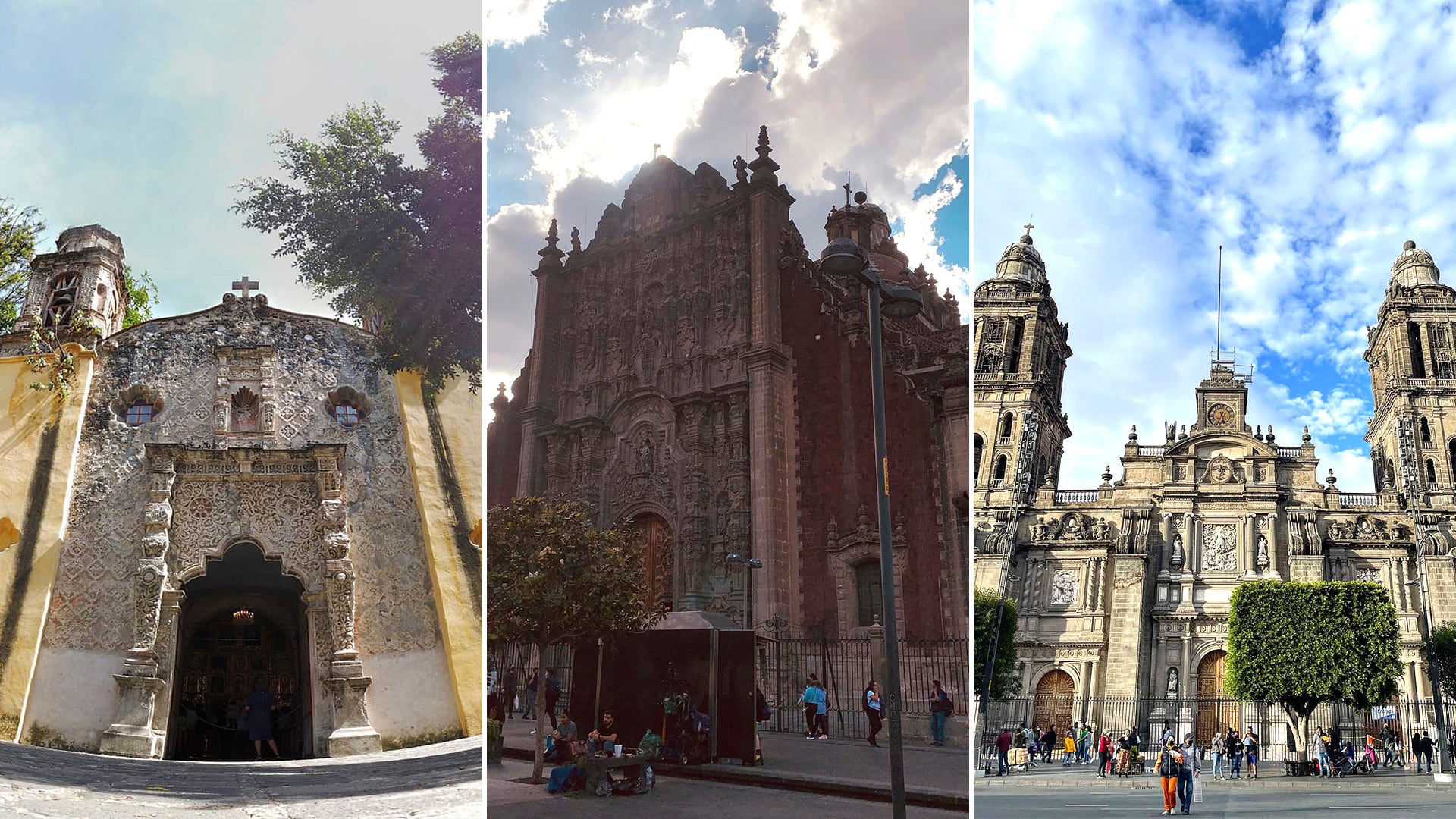 Edificios antiguos en la Ciudad de México -  Iglesia La Conchita de Coyoacán, Palacio Nacional, Catedral Metropolitana  - 16-02-22