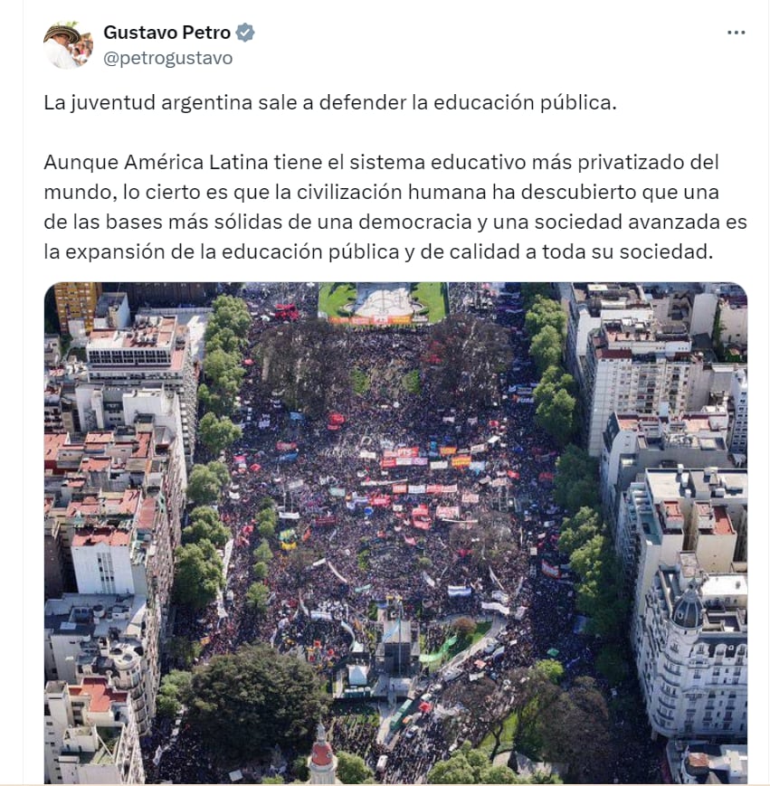 Gustavo Petro apoyó a manifestantes en Argentina - crédito @petrogustavo/X