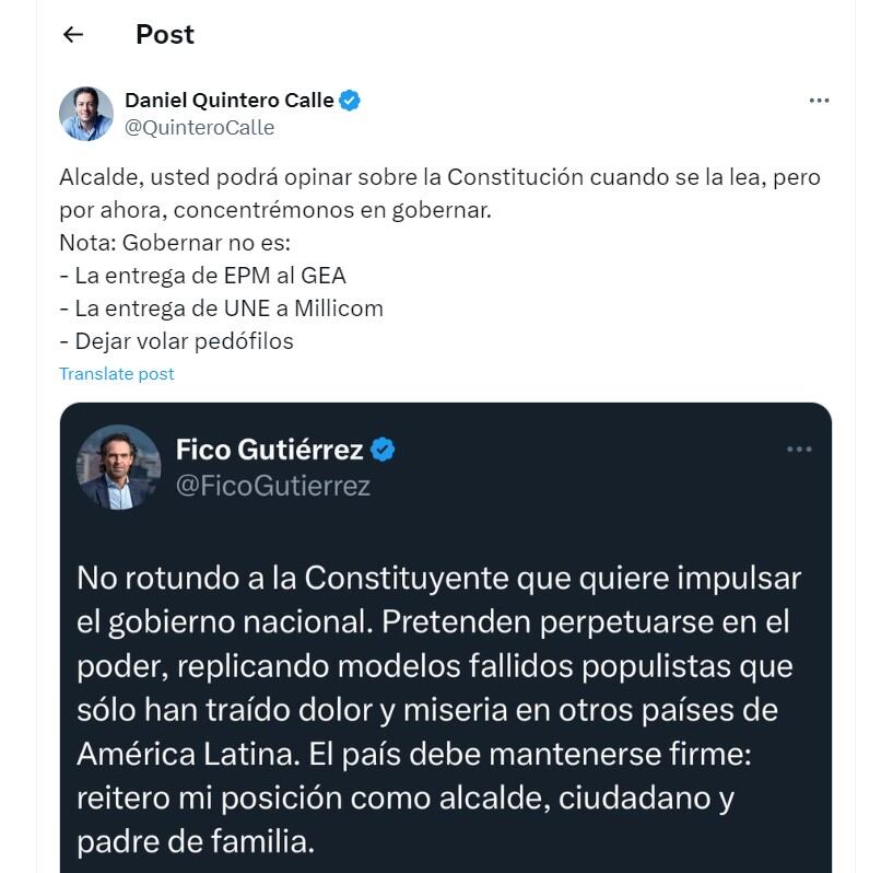 Daniel Quintero cuestionó a Fico Gutiérrez por opinar acerca de la propuesta de una constituyente - crédito @QuinteroCalle