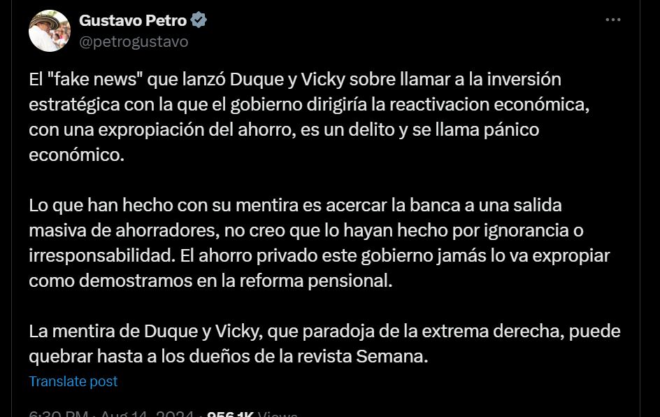 Esta fue la acusación que emitió el presidente - crédito @petrogustavo/X