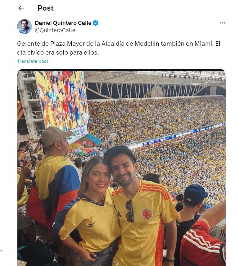 Daniel Quintero cuestionó a un funcionario de la Alcaldía de Medellín por ir a la final de la Copa América - crédito @QuinteroCalle