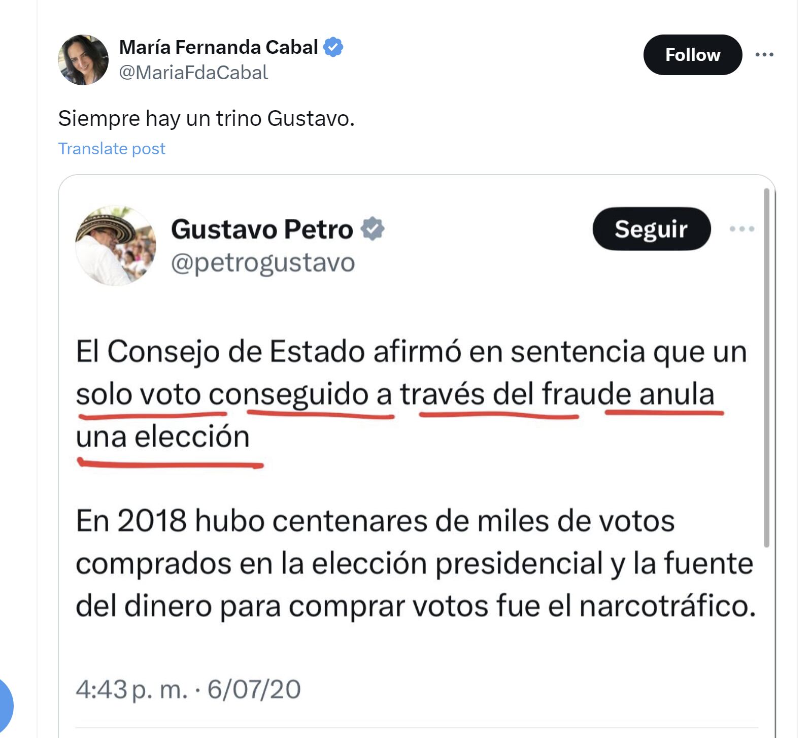 La senadora María Fernanda Cabal desempolvó publicación de Gustavo Petro relacionada con fraude electoral - crédito @MariaFdaCabal/X