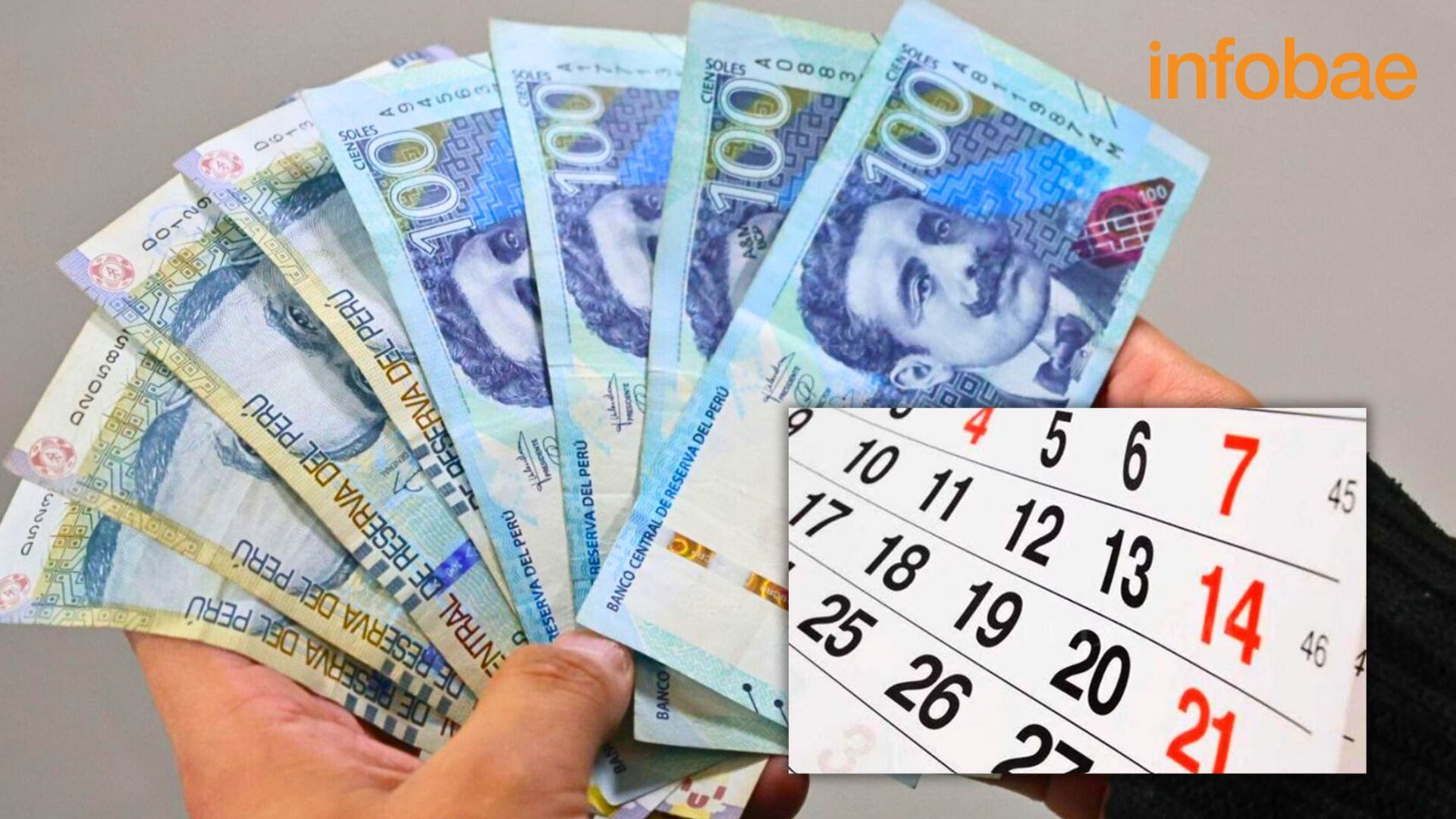 mano con billetes de 100 soles e imagen de calendario con fechas