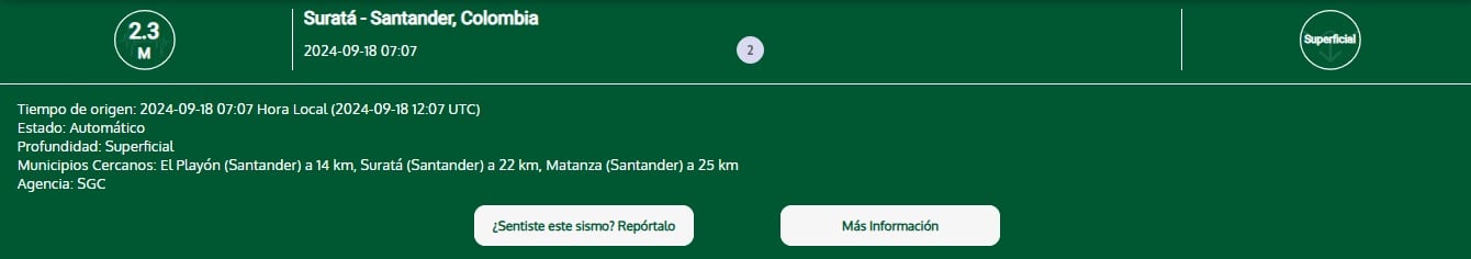 Se presentó un movimiento telúrico en Suratá, Santander, en la mañana del 18 de septiembre - crédito Captura SGC