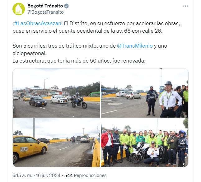 Con la entrega de esta obra se busca ayudar a descongestionar este punto en el occidente de la ciudad - crédito @BogotaTransito/X