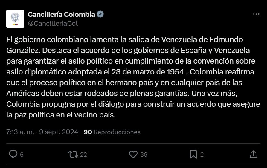 La Cancillería de Colombia lamentó la salida de Edmundo González de Venezuela - crédito red social X