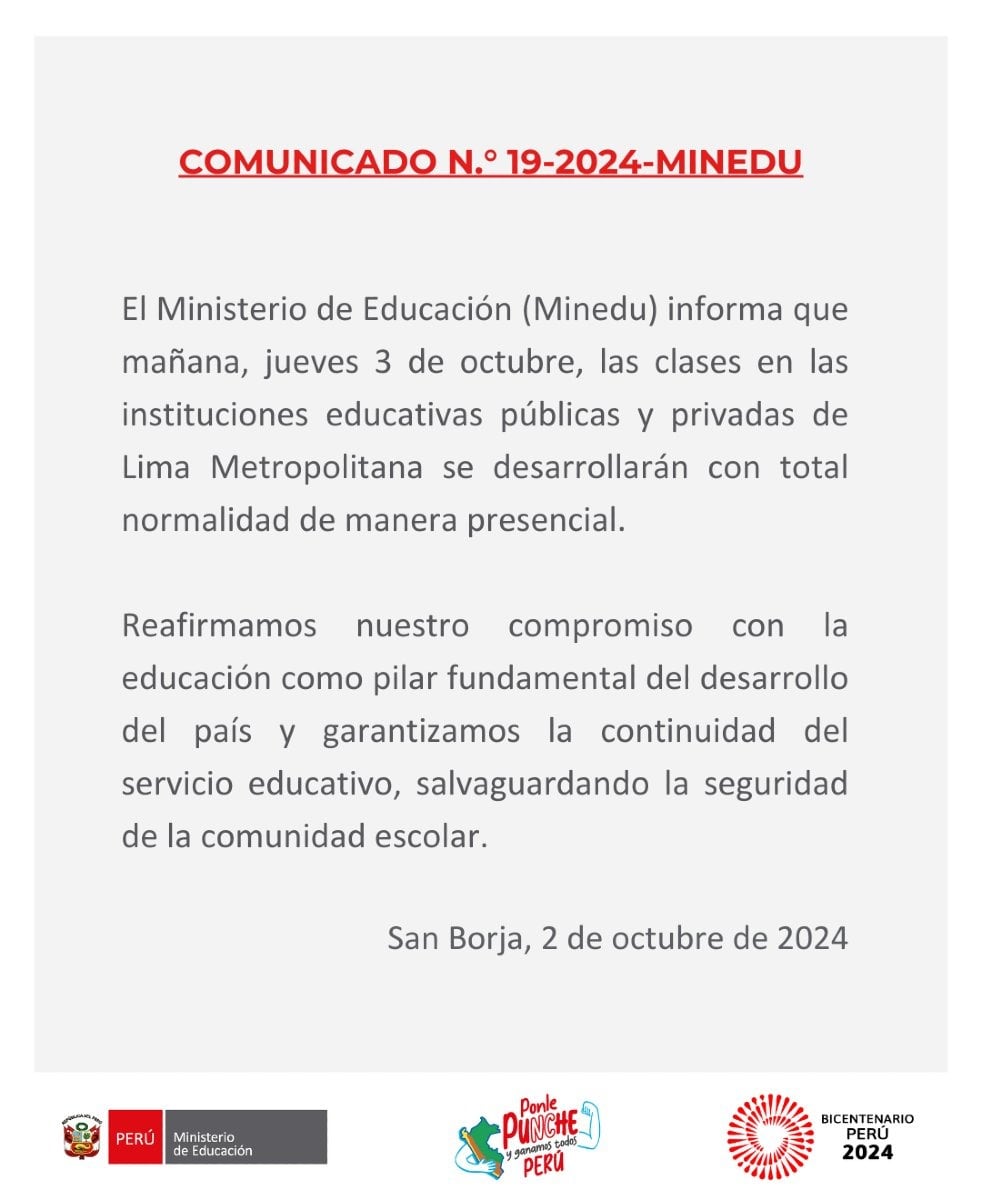 Comunicado del Minedu.