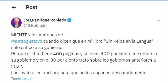 Jorge Robledo  dice que no es verdad que en su libro solo hable del Gobierno de Gustavo Petro - crédito @JERobledo