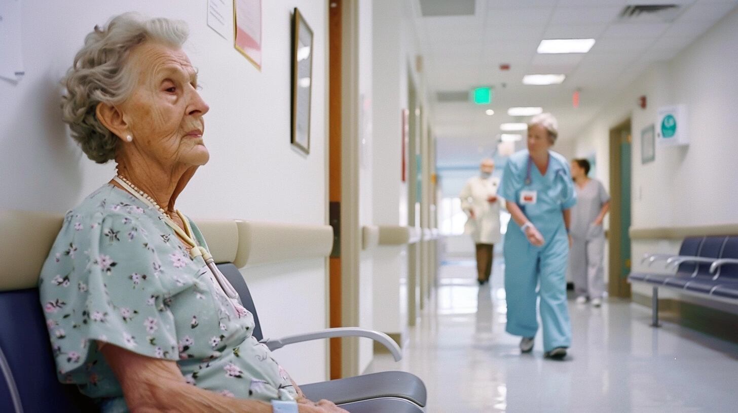 Mujer anciana esperando consulta en consultorio médico de un hospital público. Rodeada de sillas vacías, la imagen refleja la paciencia y la necesidad de cuidados médicos en la vejez. Palabras clave: mujer anciana, cuidados médicos, vejez, sillas vacías, consultorio médico, hospital público, paciente, turno, entorno médico, salud. (Imagen ilustrativa Infobae)