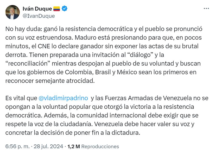 El expresidente Iván Duque se despachó contra la dictadura de Nicolás Maduro - crédito red social X