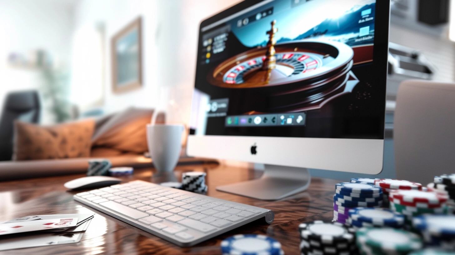 Computadora con juego de ruleta en la pantalla y fichas de casino, apuestas, juego en línea, apostar, ordenador, laptop, gambling, roulette, videojuego, online. (Imagen Ilustrativa Infobae)