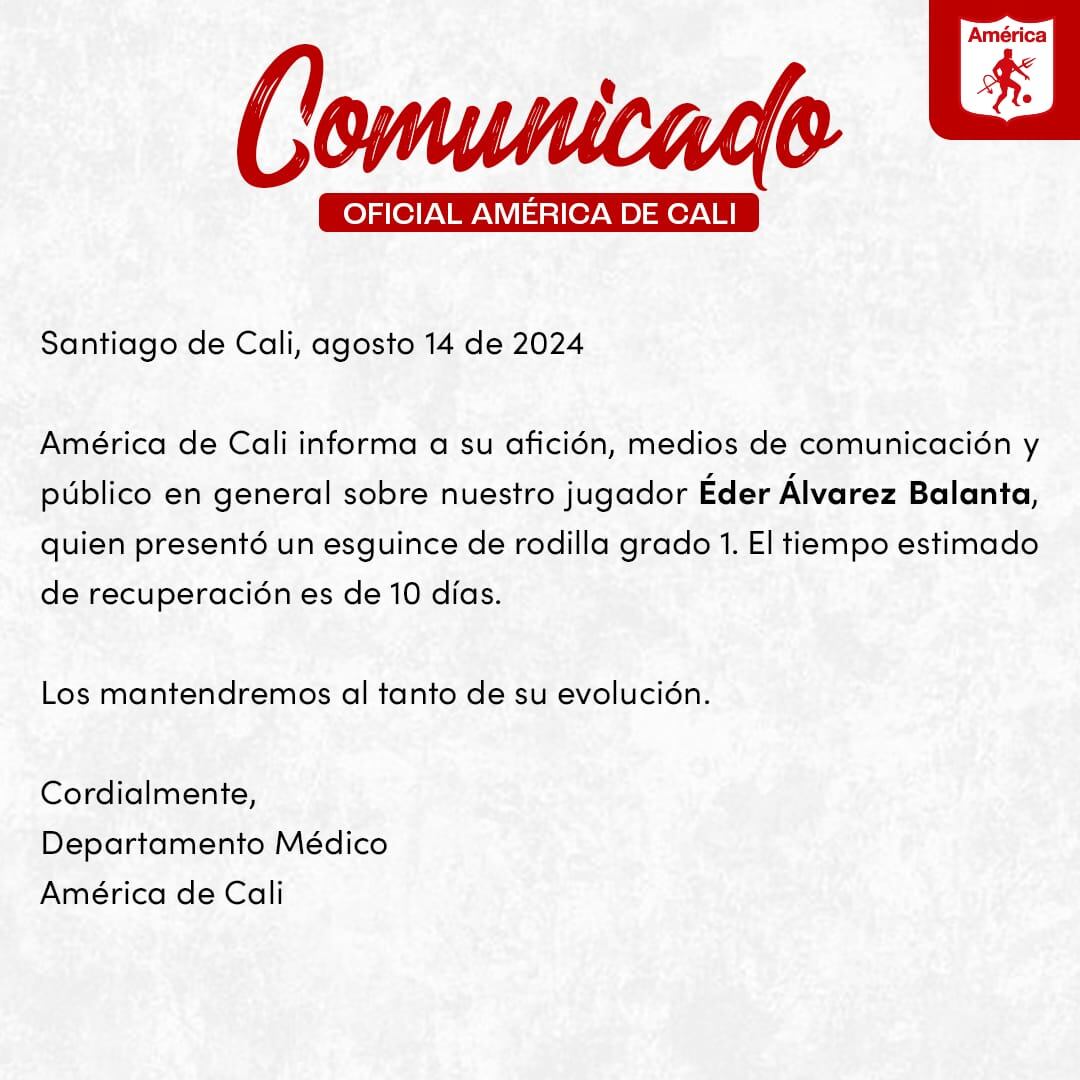 A través del siguiente comunicado de prensa el club escarlata hizo oficial la lesión de Álvarez Balanta - crédito @americadecali / X