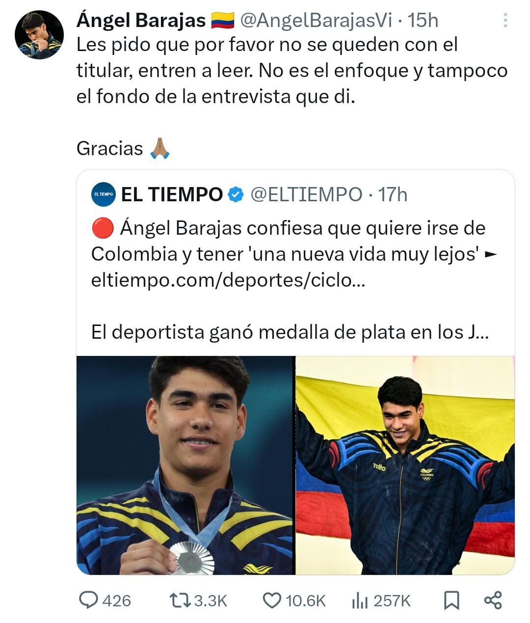 El joven cucuteño tuvo que salir a aclarar titulares de las noticias de los medios de comunicación y de paso aclarar rumores de su salida de Colombia- crédito @AngelBarajasVi/X