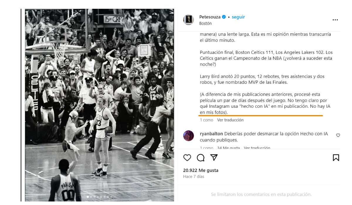 Souza mostró su enfado porque Instagram no permite desmarcar la etiqueta de IA. (Instagram: Petesouza)