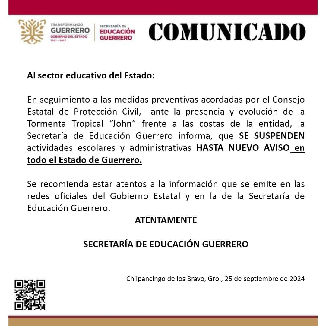 Comunicado de la Secretaría de Educación de Guerrero sobre la suspensión de clases por la Tormenta Tropical John