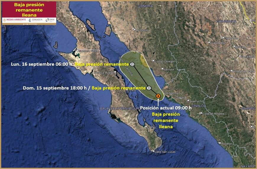 Trayectoria de Ileana, ya como baja presión remanente, para este domingo 15 de septiembre