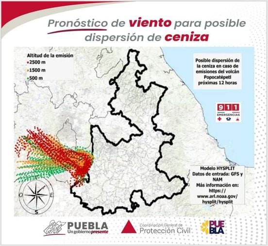 Mapa que muestra la dirección que podrían tomar las emisiones del volcán Popocatépetl este jueves 1 de agosto,