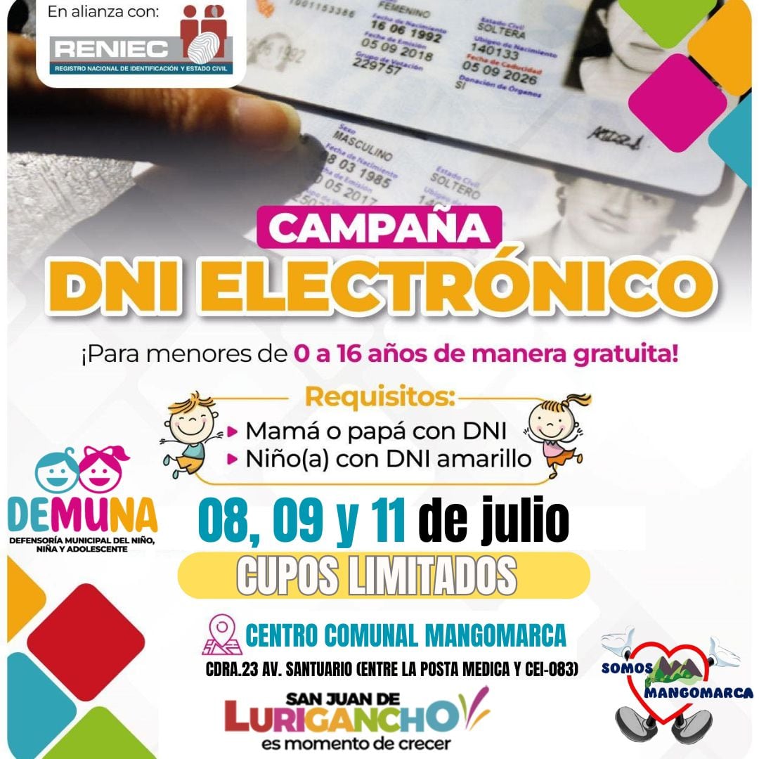 La Municipalidad de San Juan de Lurigancho realizará una gran campaña de DNI gratuito durante tres días.