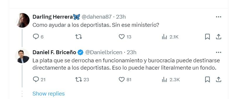 Una usuaria de X cuestiona la propuesta del cerrar el Ministerio de Deporte de Daniel Briceño - crédito @Danielbricen