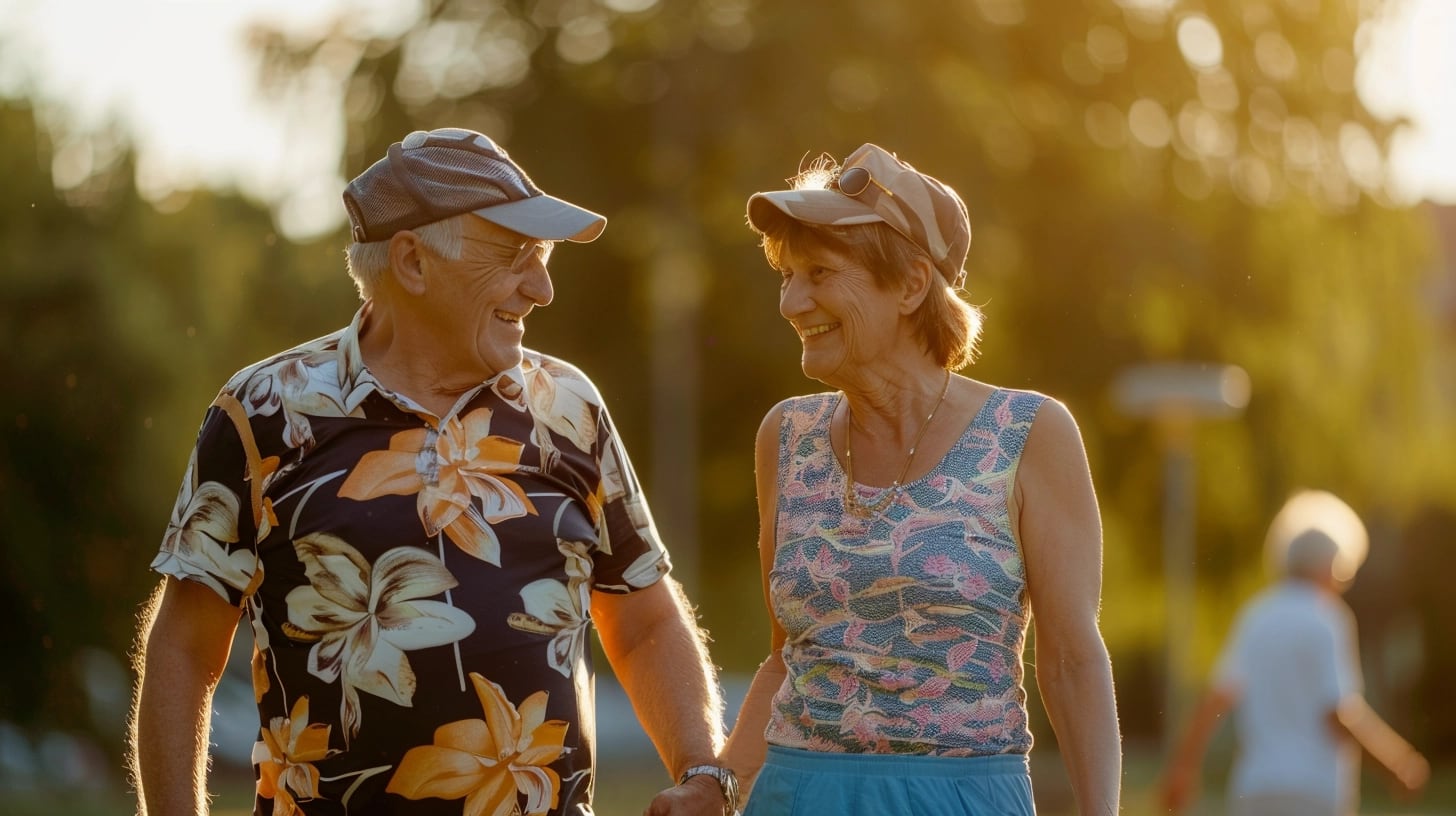 Pareja de abuelos disfrutando de un paseo matutino en un entorno natural, demostrando la importancia de la actividad física regular y la hidratación para la salud. Juntos, practican un estilo de vida activo que promueve la longevidad y el bienestar, subrayando la relevancia del cuidado y el ejercicio en la tercera edad. (Imagen ilustrativa Infobae)