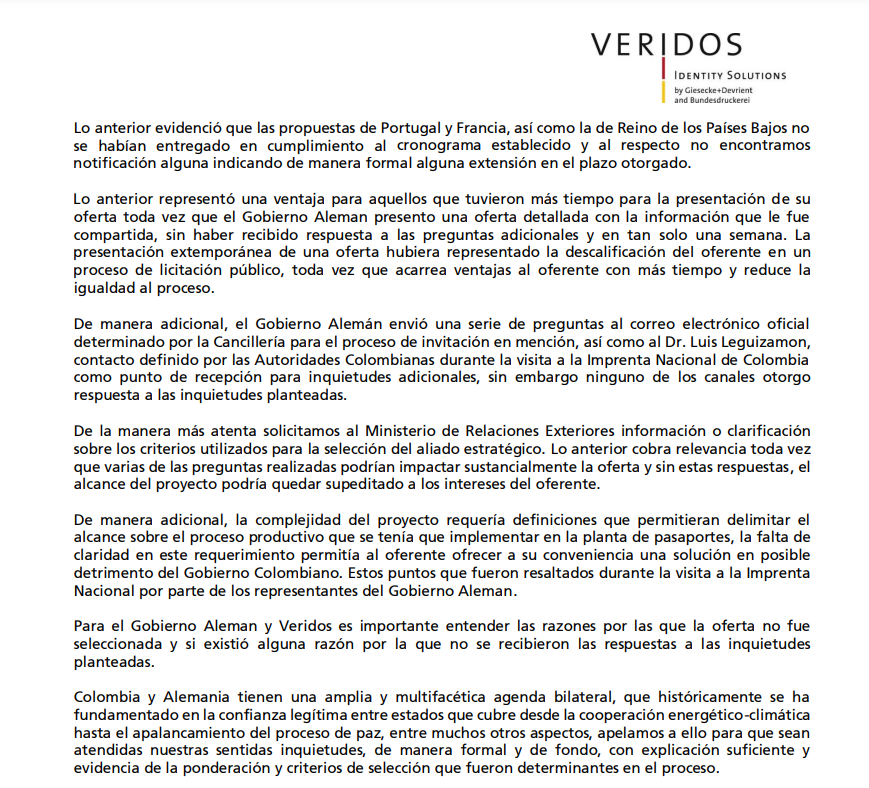 Carta de Veridos dirigida al Ministerio de Relaciones Exteriores de Colombia - crédito suministrada