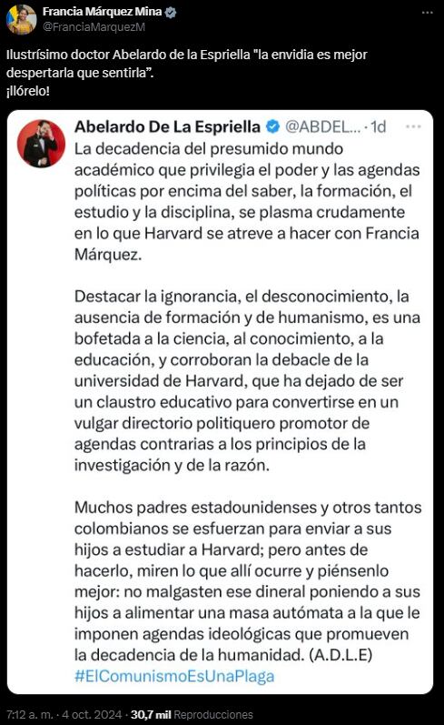 La vicepresidenta le respondió a Abelardo de la Espriella luego de sus críticas por reconocimiento en Harvard - crédito Francia Márquez/X