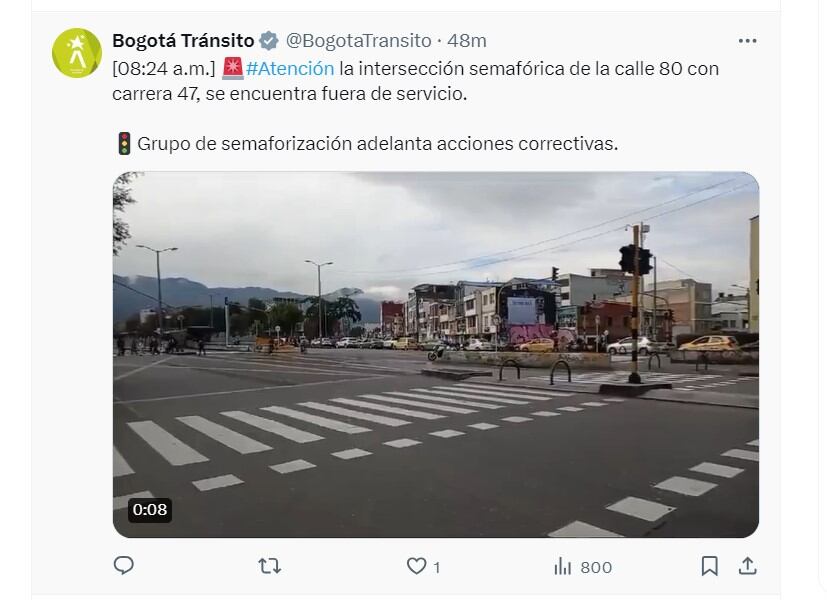 Bogotá Tránsito informa que están fuera de servicio semáforos en la calle 80 con carrera 47 - crédito @BogotaTransito.