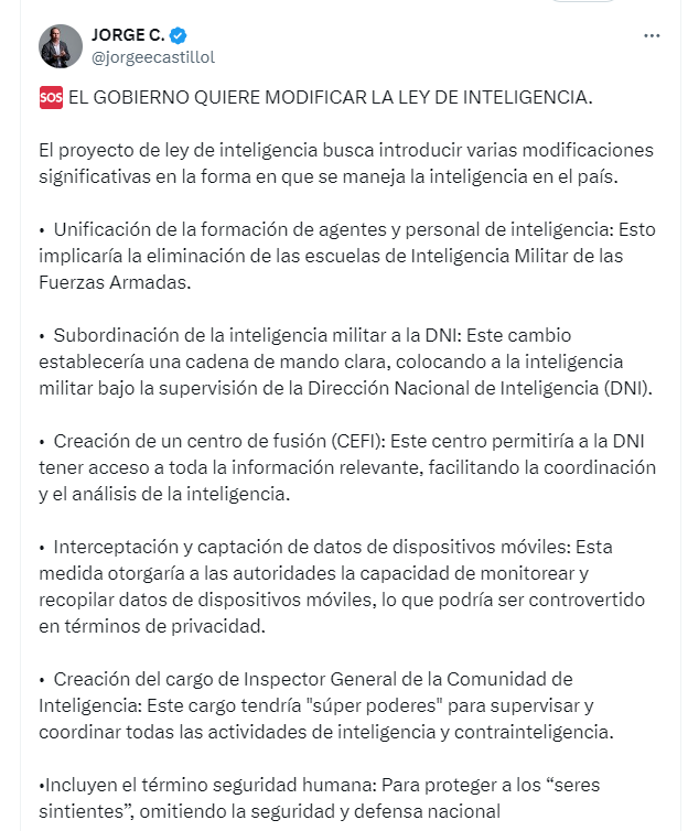 El mayor (r) señaló que la propuesta podría conducir a una monopolización de la inteligencia por parte del Estado y aumentar los riesgos de abuso de poder - crédito @jorgeecastillol/X