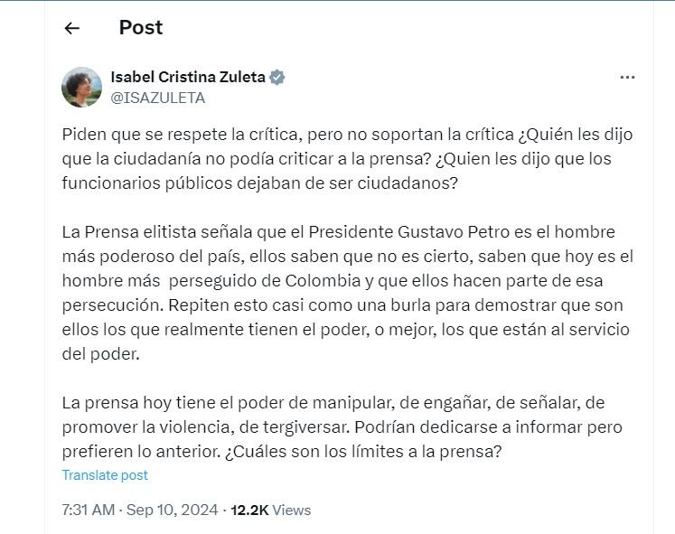 Isabel Zuleta se va en contra de la prensa y dice que tergiversan información - crédito @ISAZULETA