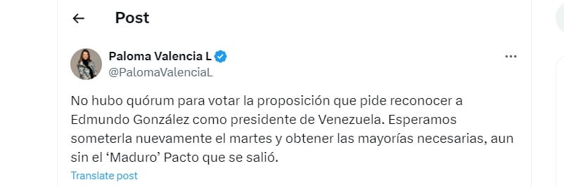 Paloma Valencia  dice que el marte se retomarán las votaciones - crédito @PalomaValenciaL